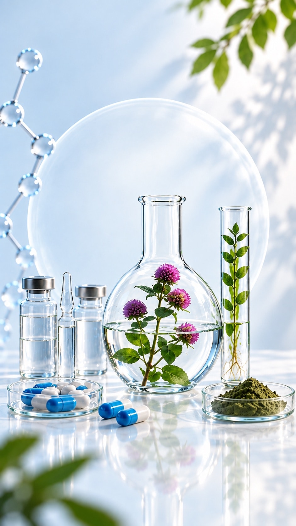 Laboratory glassware holding a flowering botanical, beside capsules and a plant extract
